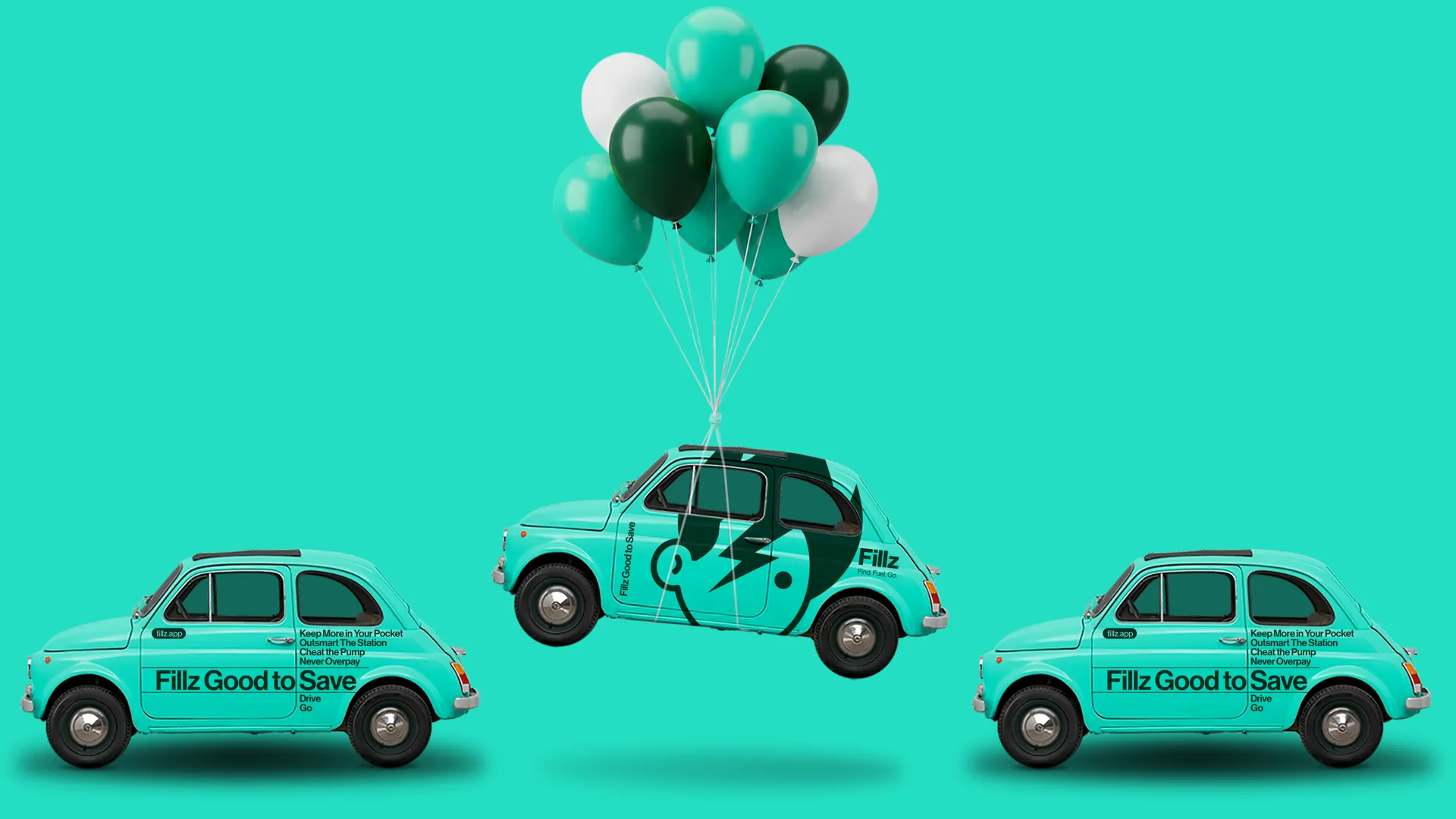 Fillz cars in bright teal, one lifting off with balloons
